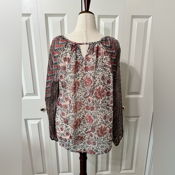 Lucky Brand Coral and Blue Long Sleeve Cut Out Blouse - Picture 7 of 8